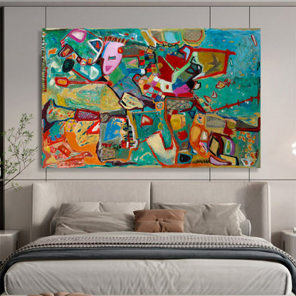 Abstract forms in blue - green with pops of pink and red CT1679