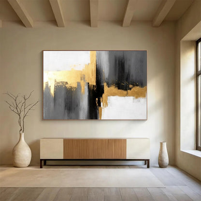 “Hand - painted Gold - Accented Abstraction” - Minimalist abstract with gold, gray, and white CT1648