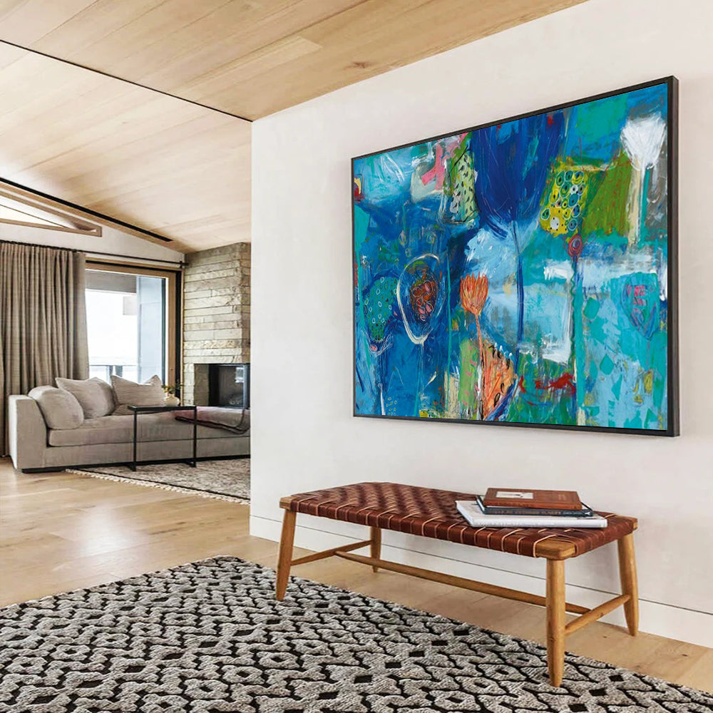 Blue - based abstract painting with floral - like shapes and patterns CT1660