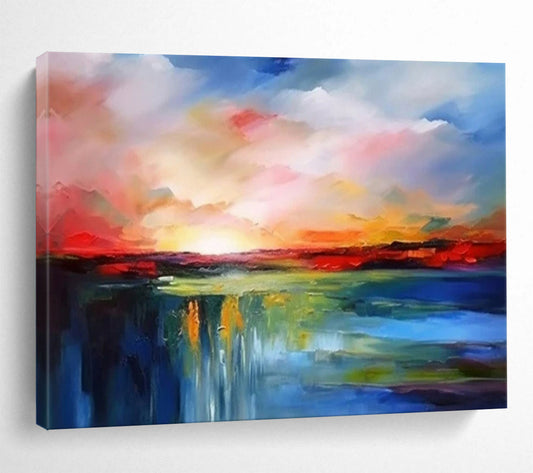 “Fiery Sky Waterfall” - Reds, oranges, blues, greens; abstract sunset over a cascading waterfall CT1596