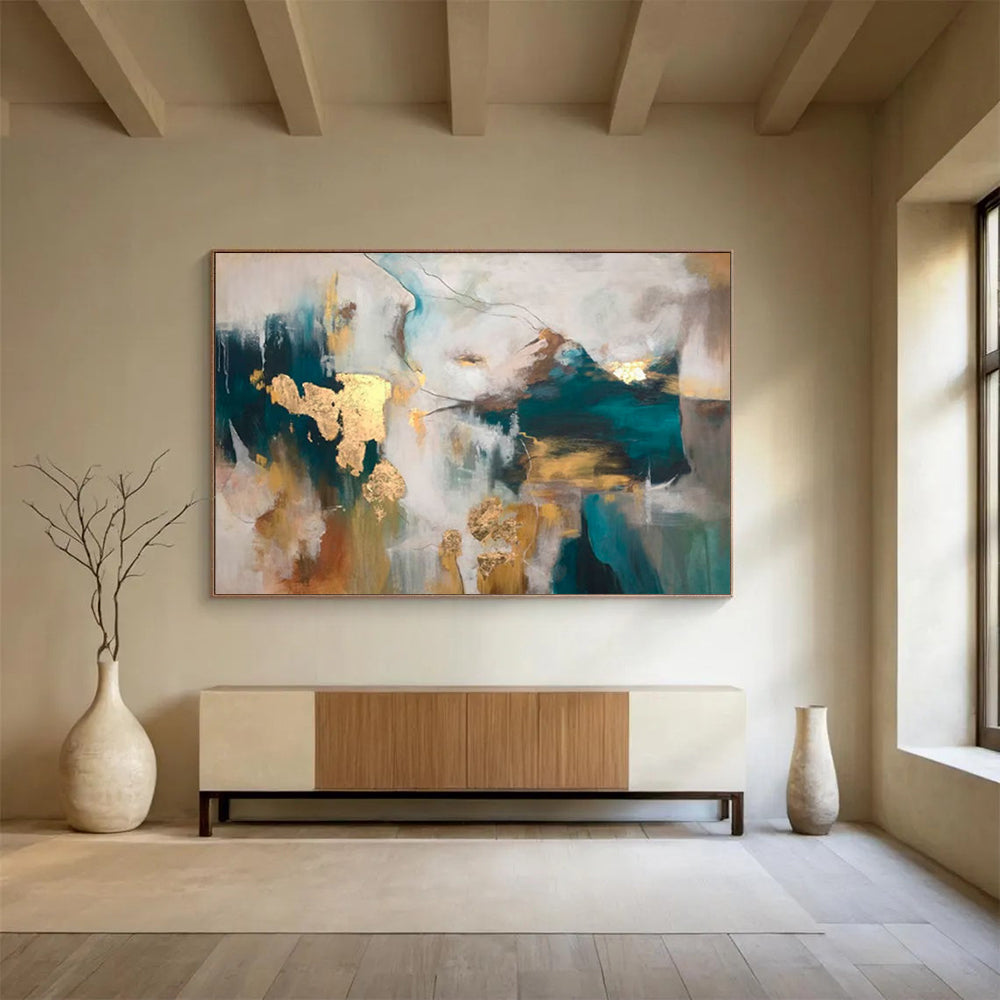 “Teal - Gold Abstract Fusion” - Teals, golds, whites; bold, textured abstraction with metallic flakes CT1632