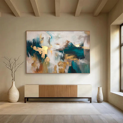 “Teal - Gold Abstract Fusion” - Teals, golds, whites; bold, textured abstraction with metallic flakes CT1632