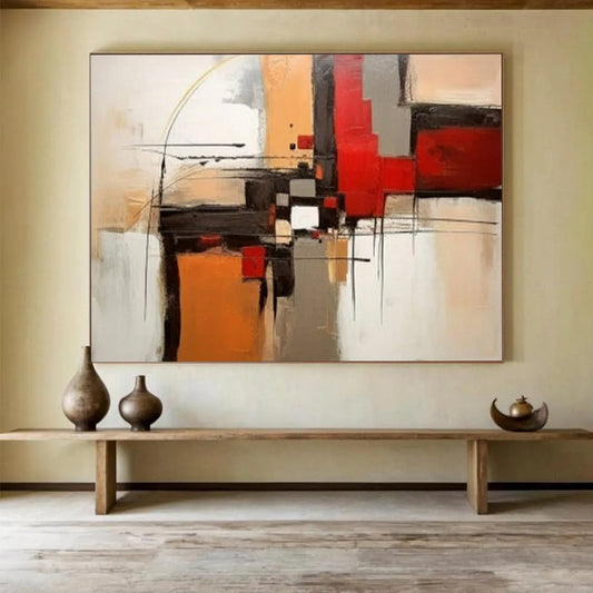 “Structured Chaos” - Reds, blacks, beiges; intersecting geometric lines and blocks CT1508