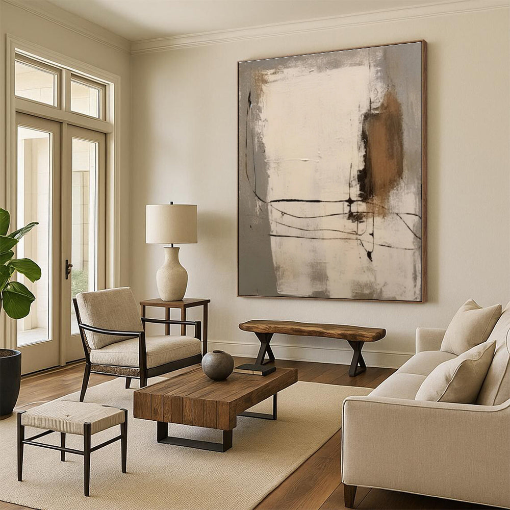 “Neutral Tones with Black Lines”，Abstract Line - Driven Oil Painting CT0539