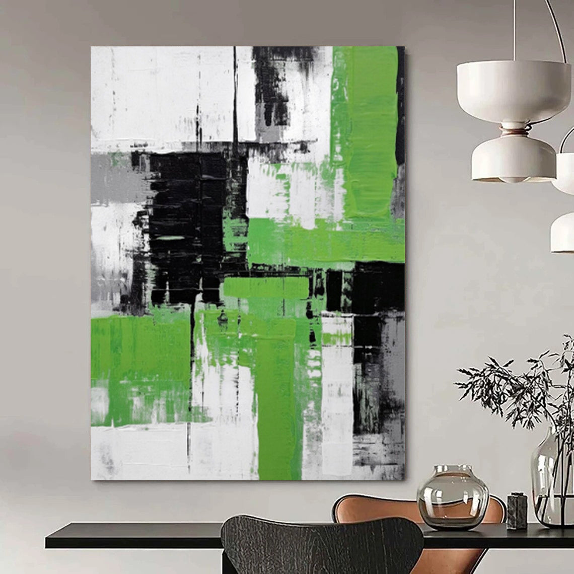 “Green, Black, and White Abstract Layers” Dynamic Acrylic Art CT0181