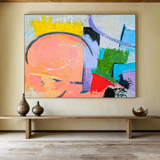 “Pink, Purple, and Colorful Shapes Collage” - Playful Abstract Oil Painting CT1810
