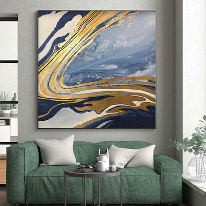 “Gold - Streaked Blue Swirls”，Marble - Inspired Abstract Resin Art CT0564