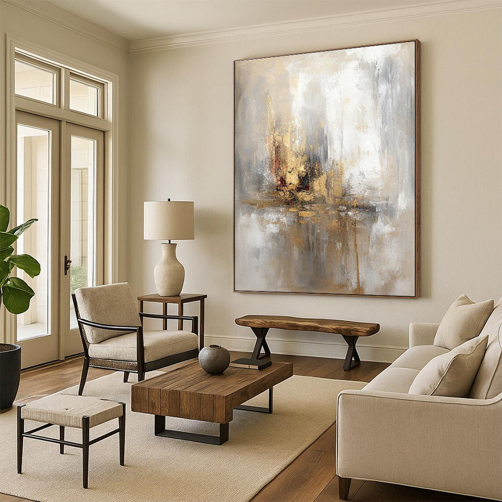 “Gold - White Abstract Cityscape”，Dreamy Abstract Oil Painting CT0570