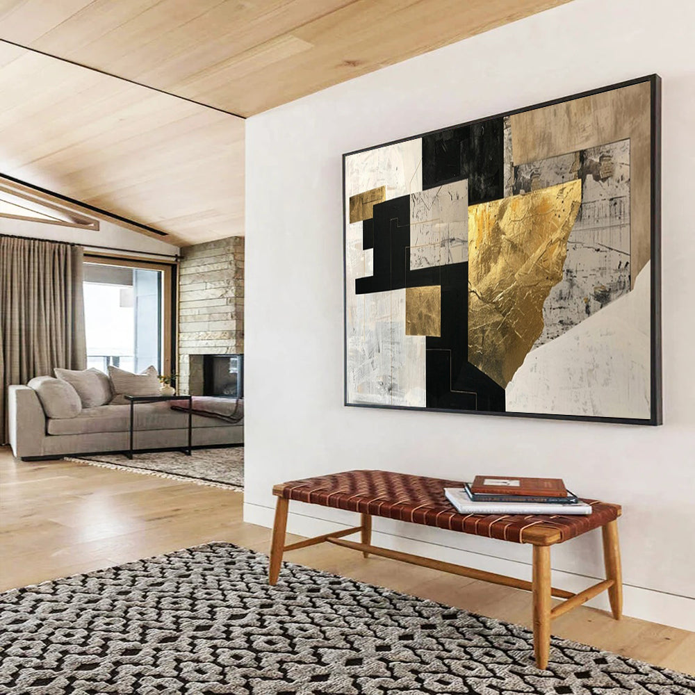 “Geometric Gold & Black Fusion” – Abstract Geometric Acrylic Painting CT1709