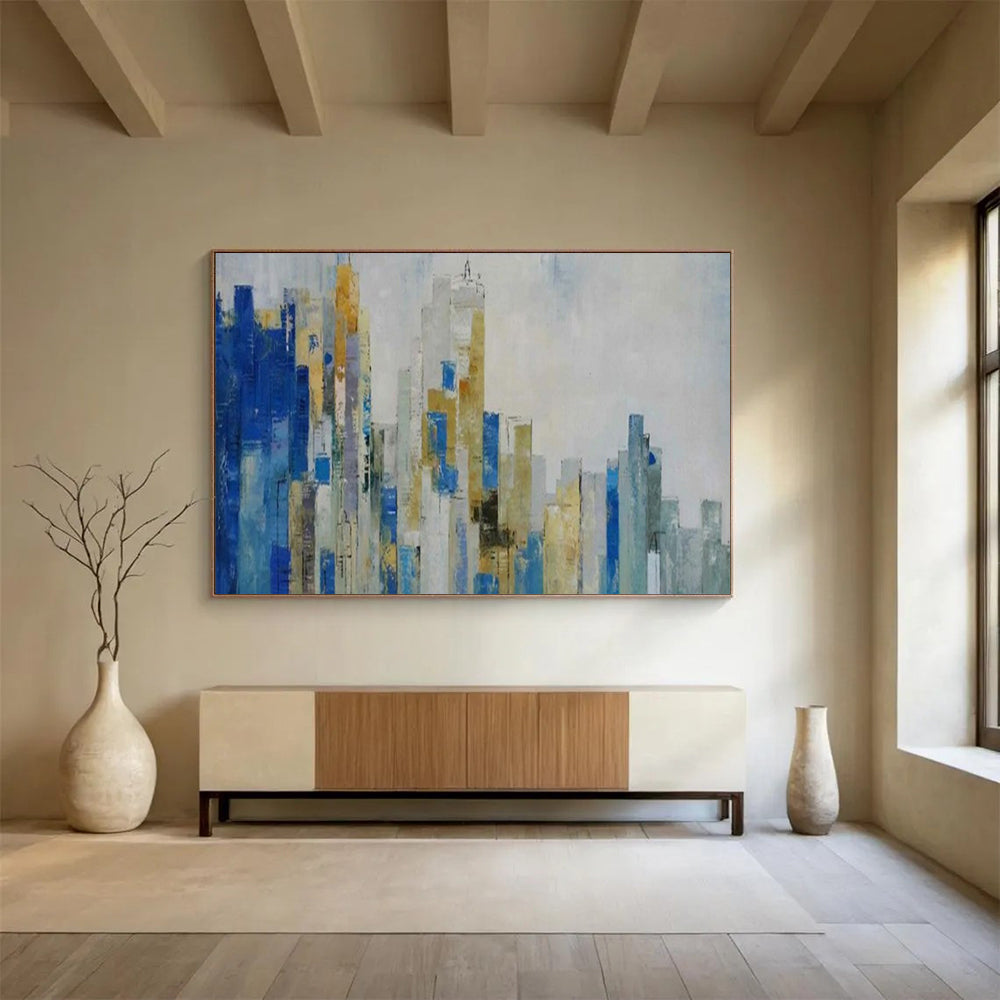 Abstract cityscape with blue, gold, and gray tones CT1659
