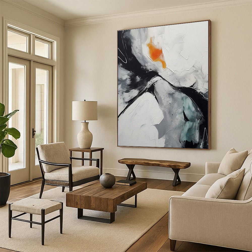 “Black - White - Orange Abstract”，Textured Abstract Acrylic Art CT0571