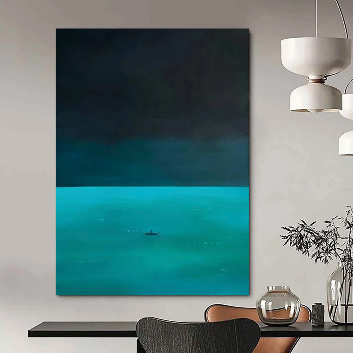 “Dark Blue - Teal Sea with Boat” Minimalist Acrylic Art CT0194
