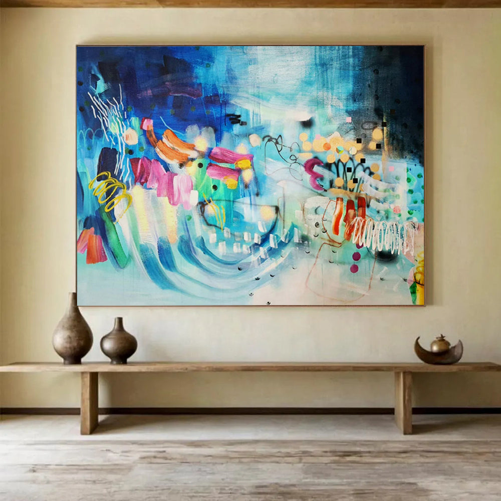 “Vibrant Vortex” - Blues, pinks, oranges; dynamic, swirling abstract elements CT1503