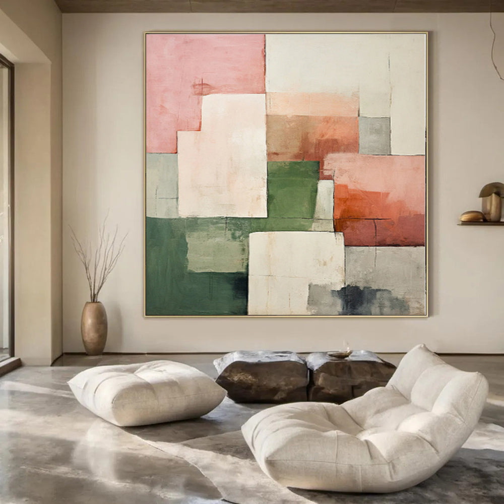 “Pink - Green - Gray Geometric Blocks” Modernist Acrylic Art CT0191