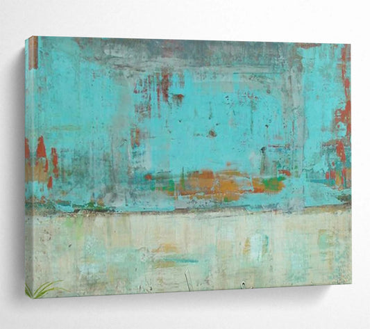 “Turquoise Urban Abstract” - Turquoise, orange, beige; faded, abstract city scene CT1583