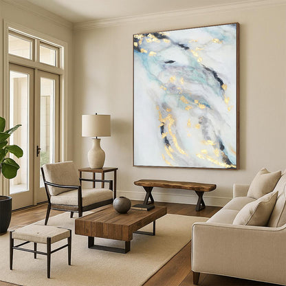 “Gold - Blue - Gray Flowing Abstraction” - Abstract Expressionist Art CT0428