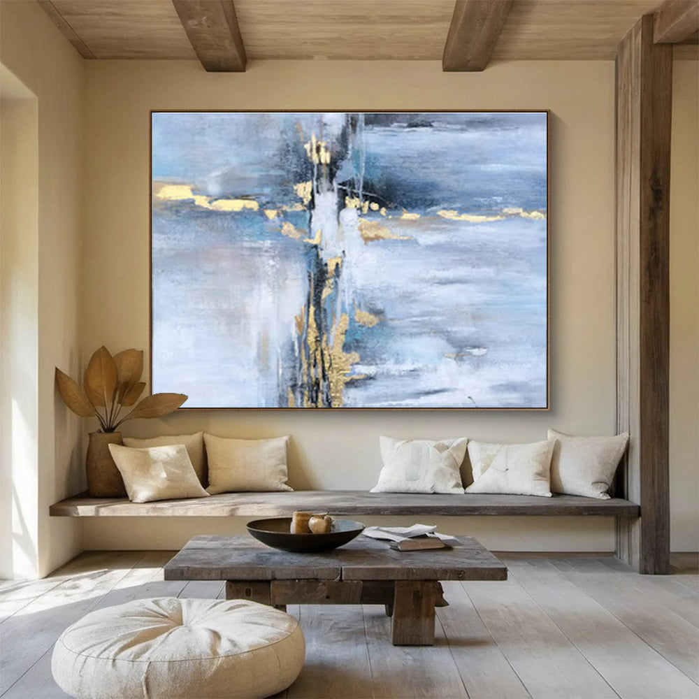 “Blue - Gold Abstract Streaks” - Blues, whites, golds; fluid, streaked abstraction with metallic accents CT1631