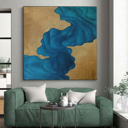 “Fluid Blue on Gold” Abstract Acrylic Art CT0343
