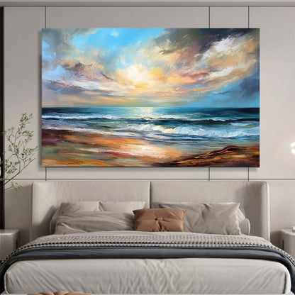 “Realistic Seaside Sunset II” - Blue, orange, yellow, purple; detailed sunset beach scene (twin piece) CT1594