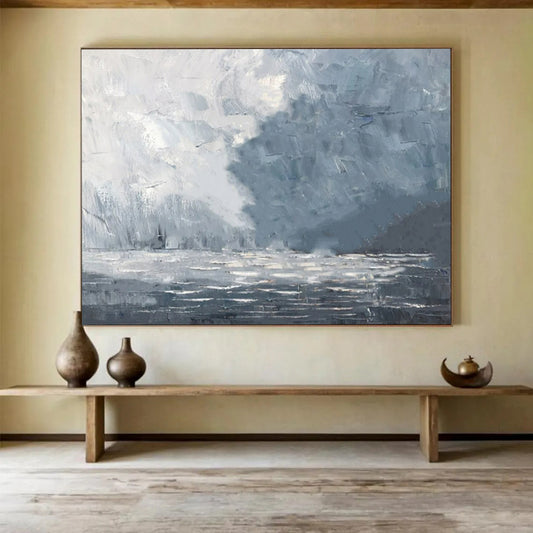 “Stormy Sea” - Shades of gray, white, blue; a dramatic, abstract stormy sea with choppy waves CT1550