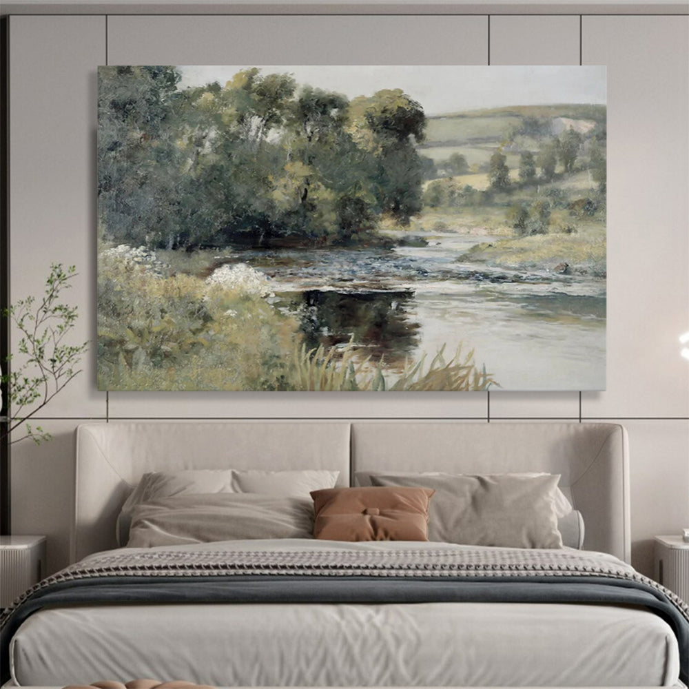 “River’s Embrace” - Lush greens, blues, browns; peaceful river winding through verdant lands CT1489