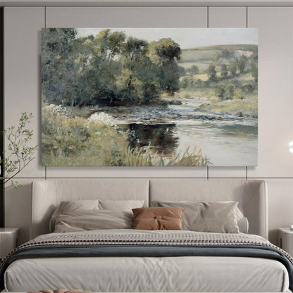“River’s Embrace” - Lush greens, blues, browns; peaceful river winding through verdant lands CT1489