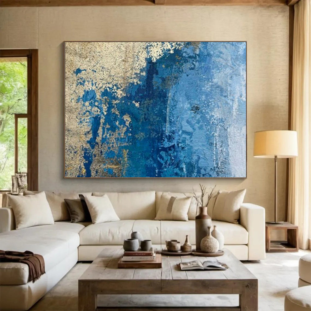 “Blue - Gold Cracked Abstraction” - Blues, golds, whites; cracked - texture abstraction with metallic accents CT1634