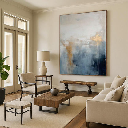 “Blue - Gray - Gold Abstract Mist” Abstract Acrylic Art CT0250