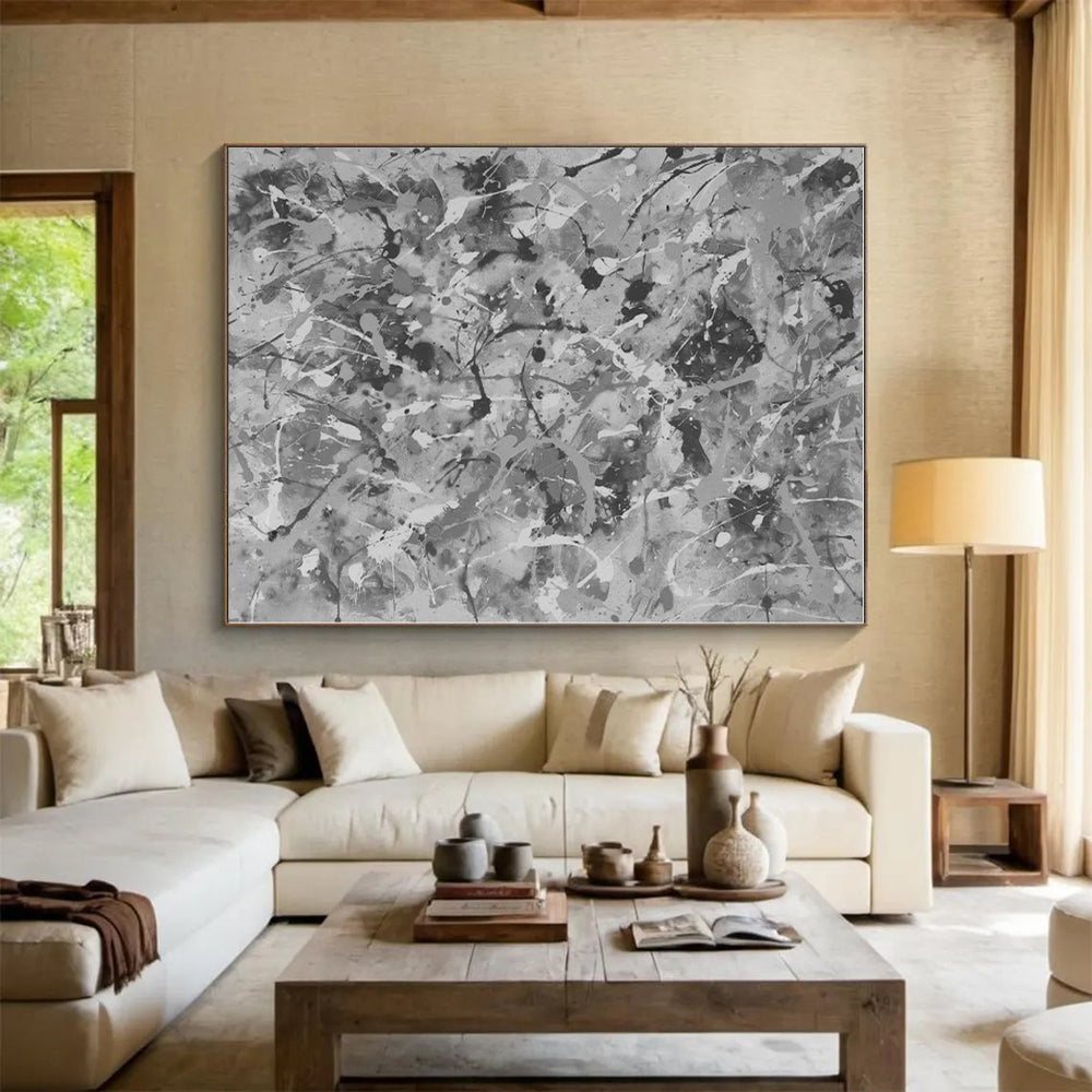 “Gray - White Splatter Abstraction” - Abstract Expressionist Art CT0478