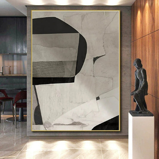 “Grey - Black Geometric Collage”，Abstract Mixed - Media Art CT0558