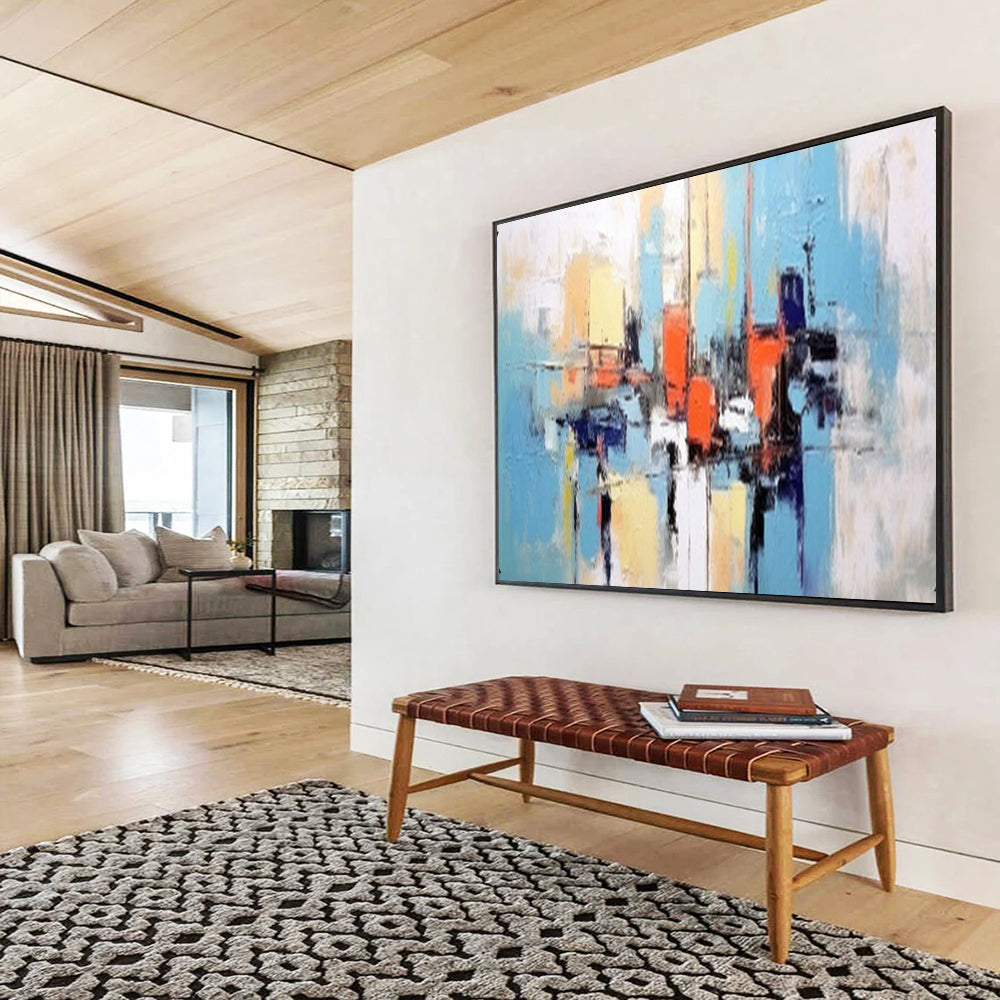 “Hand - painted Harbor Abstraction” - Color - blocked harbor scene in blue, orange, and yellow CT1646
