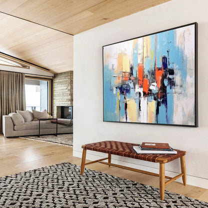 “Hand - painted Harbor Abstraction” - Color - blocked harbor scene in blue, orange, and yellow CT1646