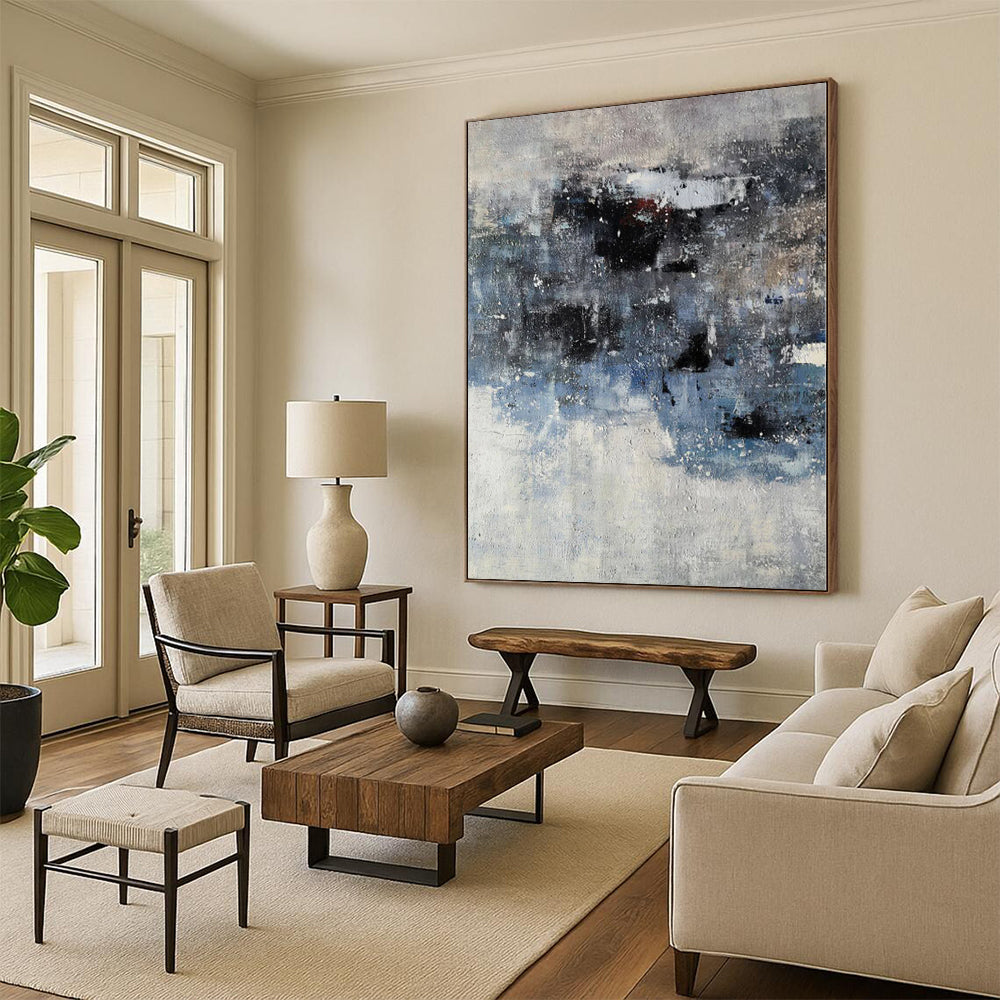 “Muted Blues and Greys Abstract”，Subtle - Toned Abstract Painting CT0359