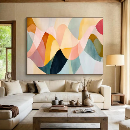 “Pastel Wave Harmony” – Blush, peach, teal, mustard in overlapping, wavy acrylic shapes CT1694