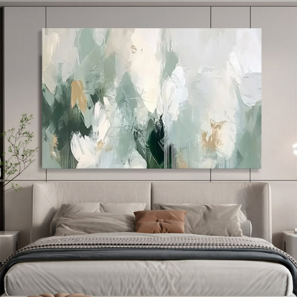 “Mint & Gold Dreamscape” – Soft greens, whites, golds with fluid, abstract acrylic forms CT1693