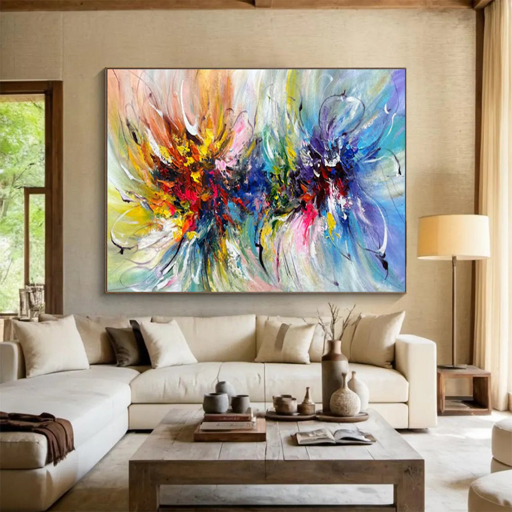 “Color Burst Flowers” - Colors like red, yellow, blue, and purple; freely blooming abstract flower clusters with flexible lines CT1529