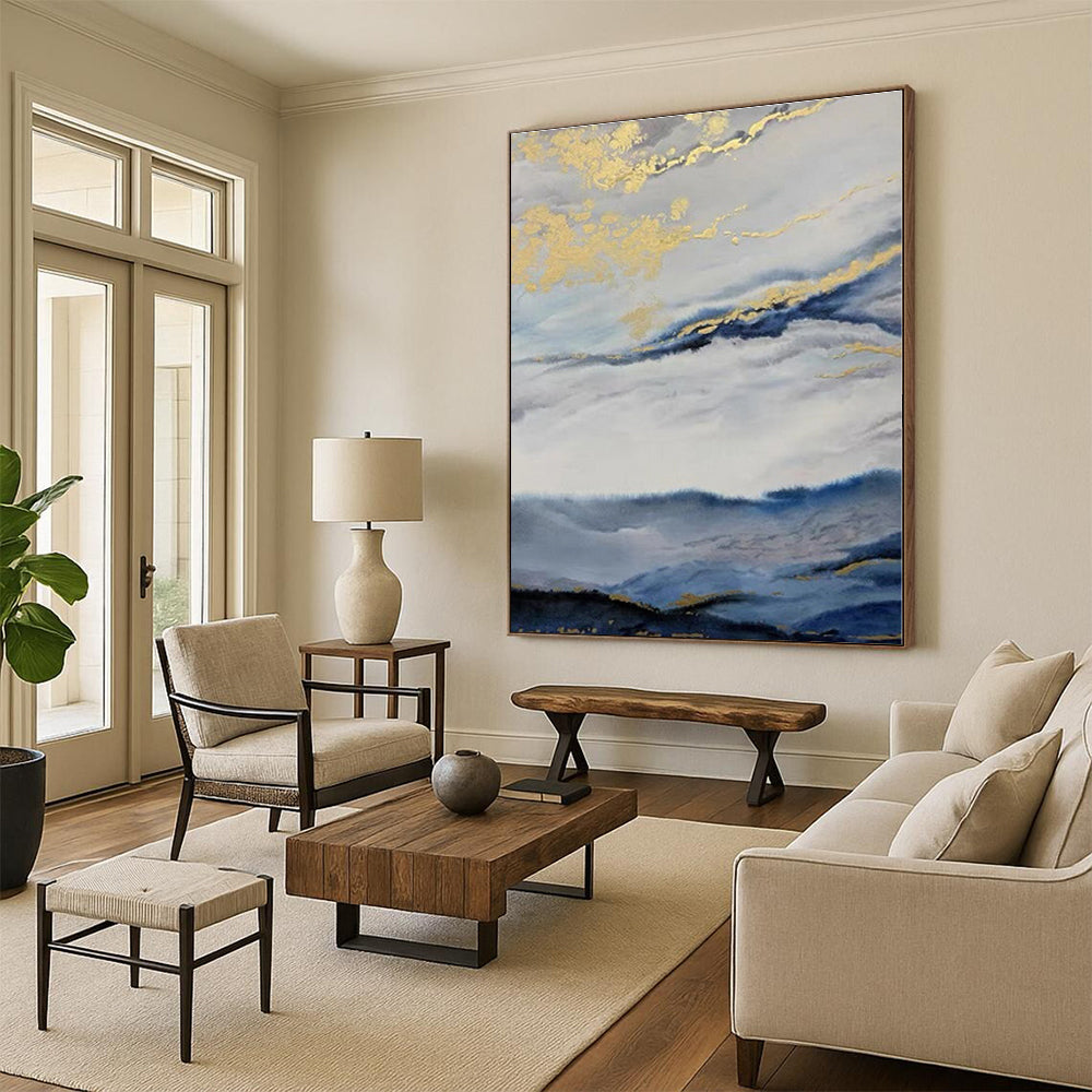 “Blue - White Clouds with Gold Streaks”，Abstract Landscape Acrylic Painting CT0584