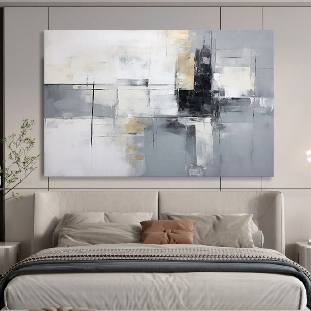 “Gray - Gold Grid” - White, gray, gold; intersecting lines and blocks with gold accents CT1574