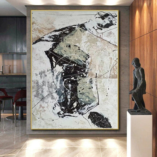 “Black, White, and Beige Abstract Web”，Line - Driven Abstract Painting CT0369