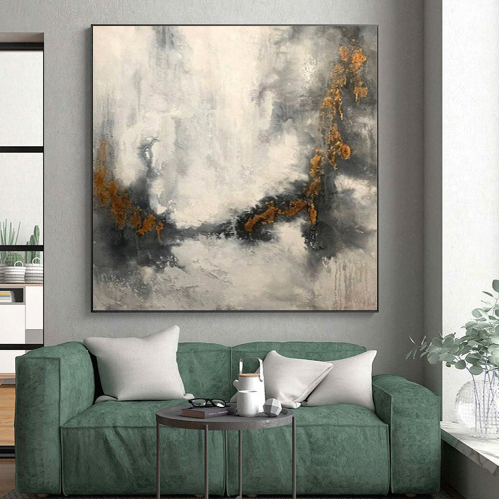 “Grey - White Abstract with Gold Veins”，Ethereal Abstract Painting CT0378