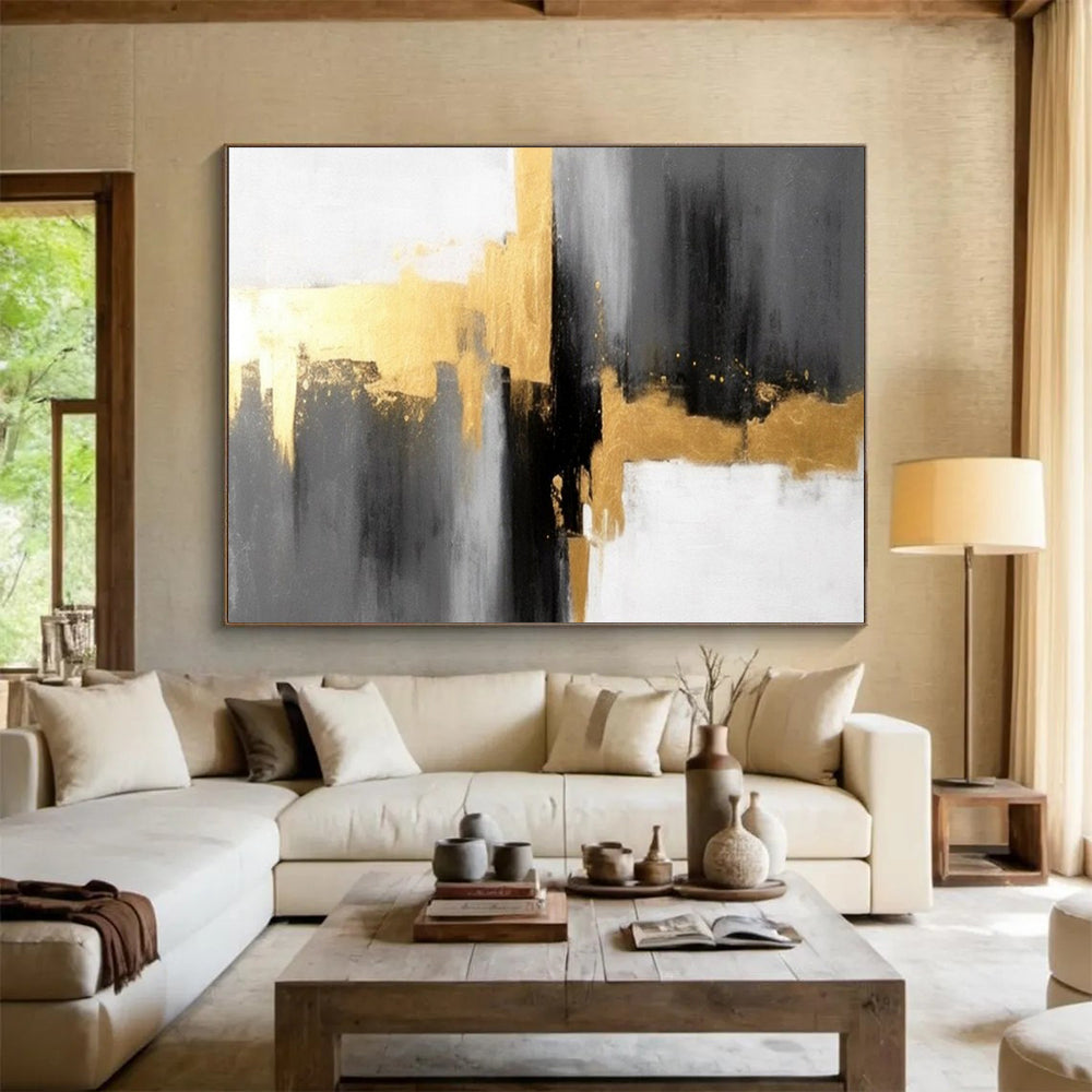 “Hand - painted Gold - Accented Abstraction” - Minimalist abstract with gold, gray, and white CT1648