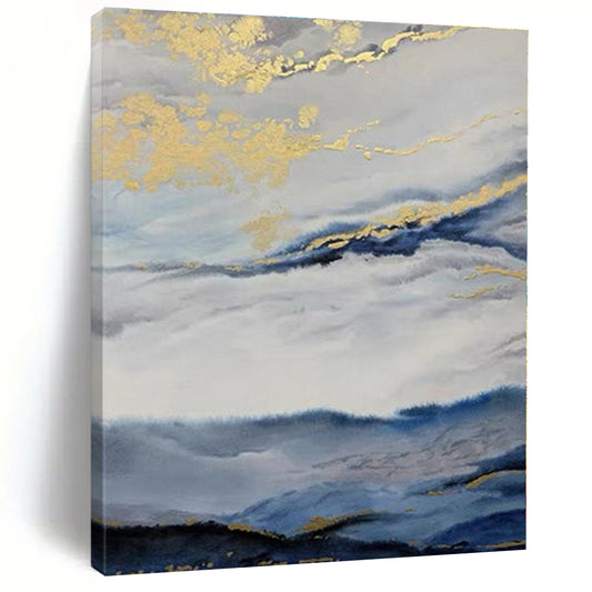 “Blue - White Clouds with Gold Streaks”，Abstract Landscape Acrylic Painting CT0584
