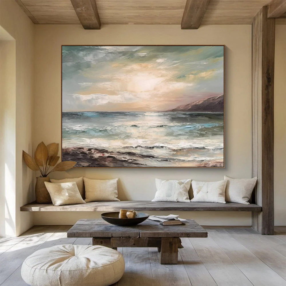 “Sunset Ocean View” - Hues of blue, green, beige, and warm sunset tones; a soft, painterly ocean under a glowing sky CT1546