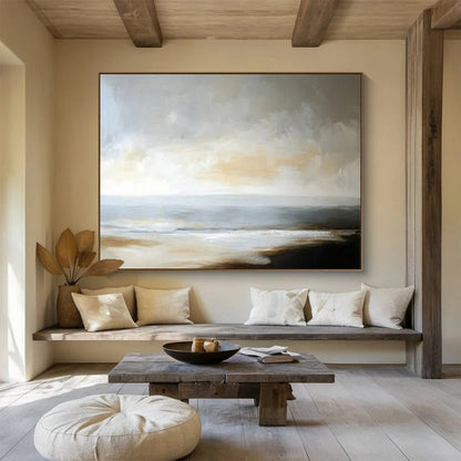 “Muted Coastal Calm” – Grays, beiges, soft blues painting a serene, minimalist seascape CT1701