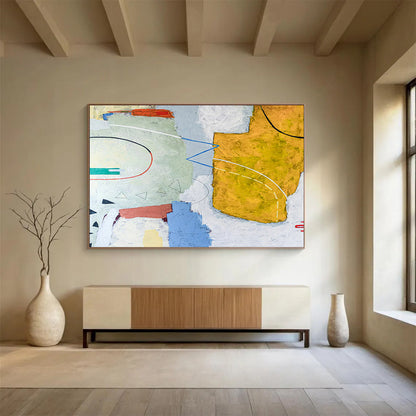 “Curved Lines and Color Patches in Pastels and Yellows” - Soft Abstract Acrylic Art CT1809