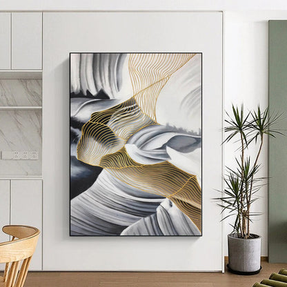“Black - White - Gold Wavy Nets”，Mixed - Media Abstract Painting CT0351