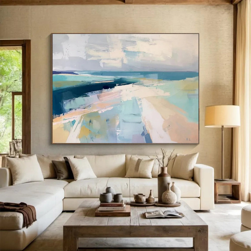 “Cool Coastal Abstract” - Shades of blue, gray, and white; abstract shapes evoking a coastal landscape CT1542