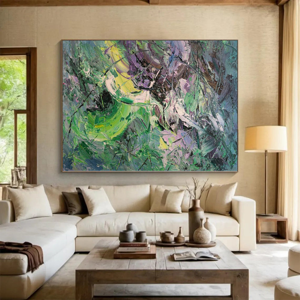 “Vibrant Green - Purple Abstract Chaos”，Expressionist Abstract Painting CT0353