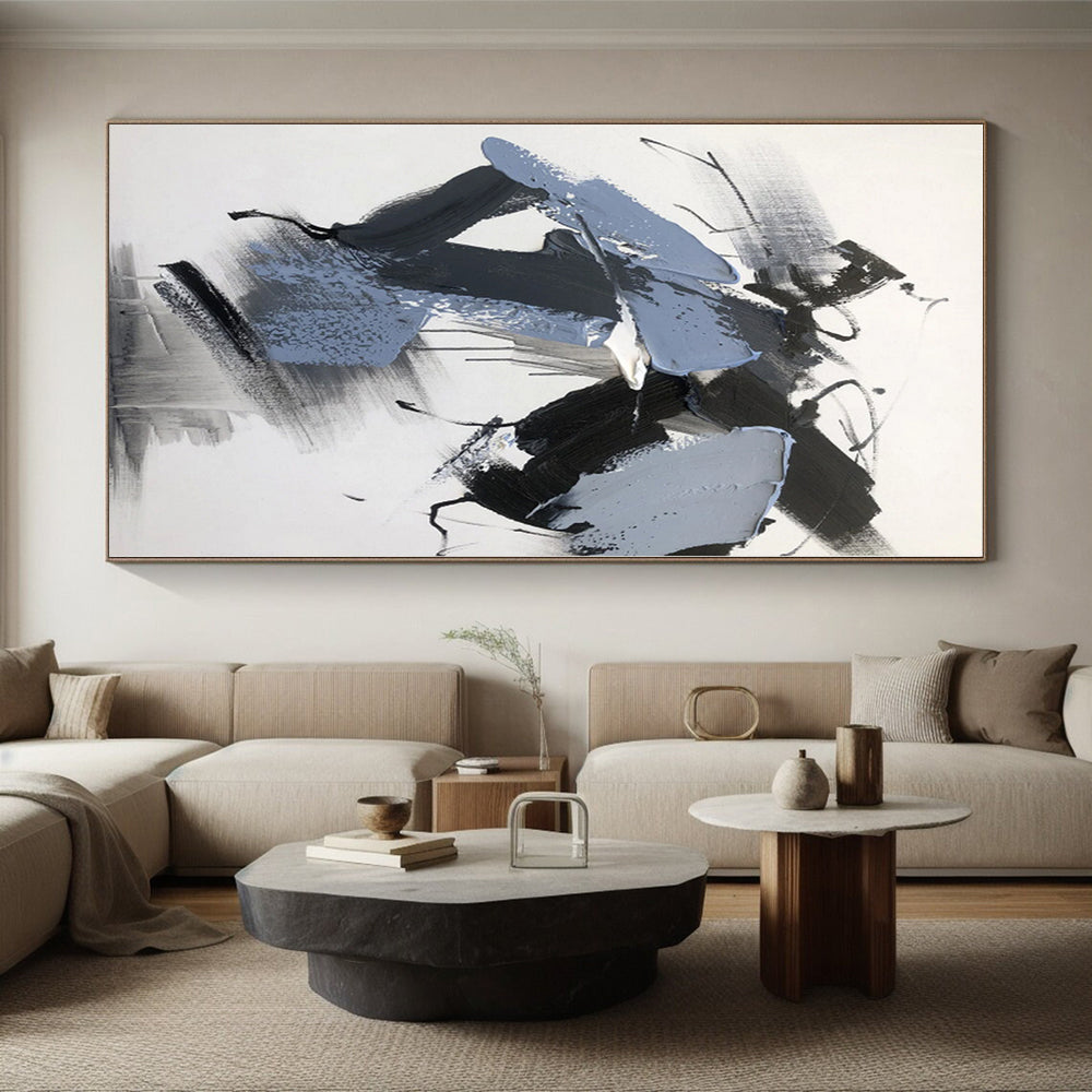 “Black - White - Blue Textured Abstraction” - Abstract Expressionist Art CT0498
