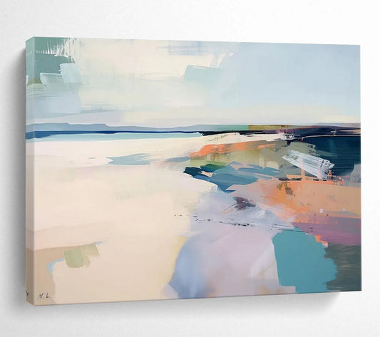 “Pastel Coastal Abstract” - Soft blues, pinks, purples, and oranges; abstract shapes suggesting a coastal scene CT1539